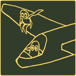 Image of an airplane with a wide-eyed pilot and an equally wide-eyed passenger holding on to a wing.