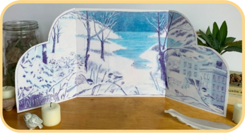 Winterkele 2023. Nature themed winter holiday calendar featuring lanterns, woodland creatures and stars.